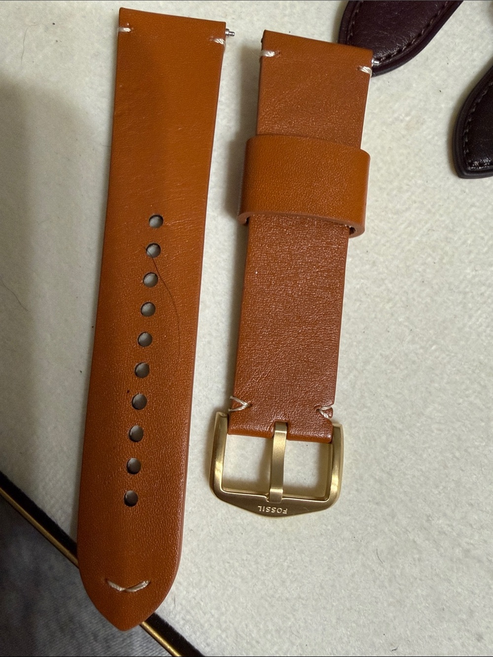 22mm Fossil Men's Brown Leather Watch Strap with Gold Buckle
